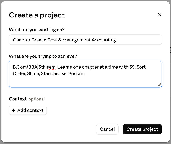 Claude's Create a project dialog with the name Chapter Coach: Cost & Management Accounting and a one-line description