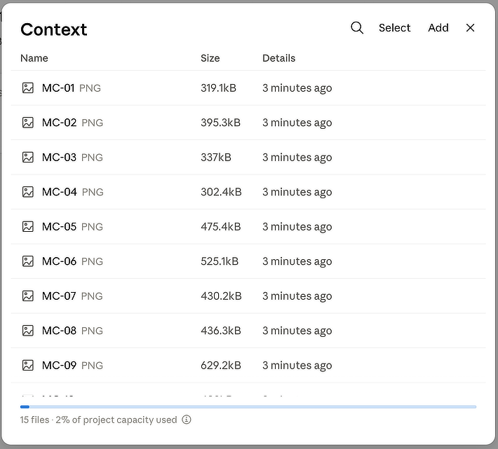 The project's Context panel listing chapter page photos named MC-01 to MC-09, with 15 files using 2% of project capacity