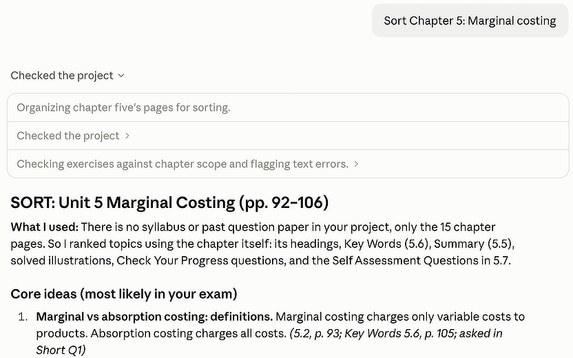 Claude's SORT reply for Unit 5 Marginal Costing: it says there is no syllabus or past paper in the project, lists what it ranked from, and gives a page reference for each core idea