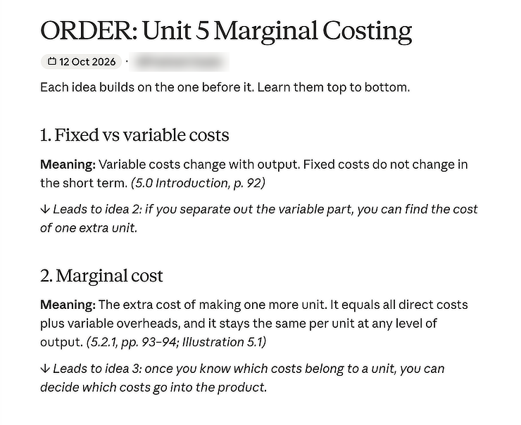 A Claude Doc titled ORDER: Unit 5 Marginal Costing, showing idea 1 Fixed vs variable costs and idea 2 Marginal cost, each with its meaning, a page reference and how it leads to the next idea
