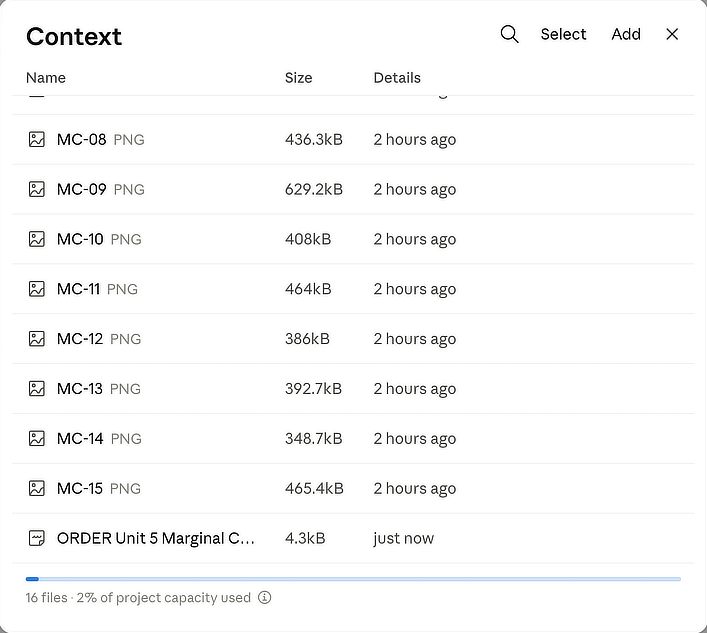 The project's Context panel with page photos MC-08 to MC-15 and, at the bottom, the new ORDER Unit 5 Marginal Costing doc added just now; 16 files