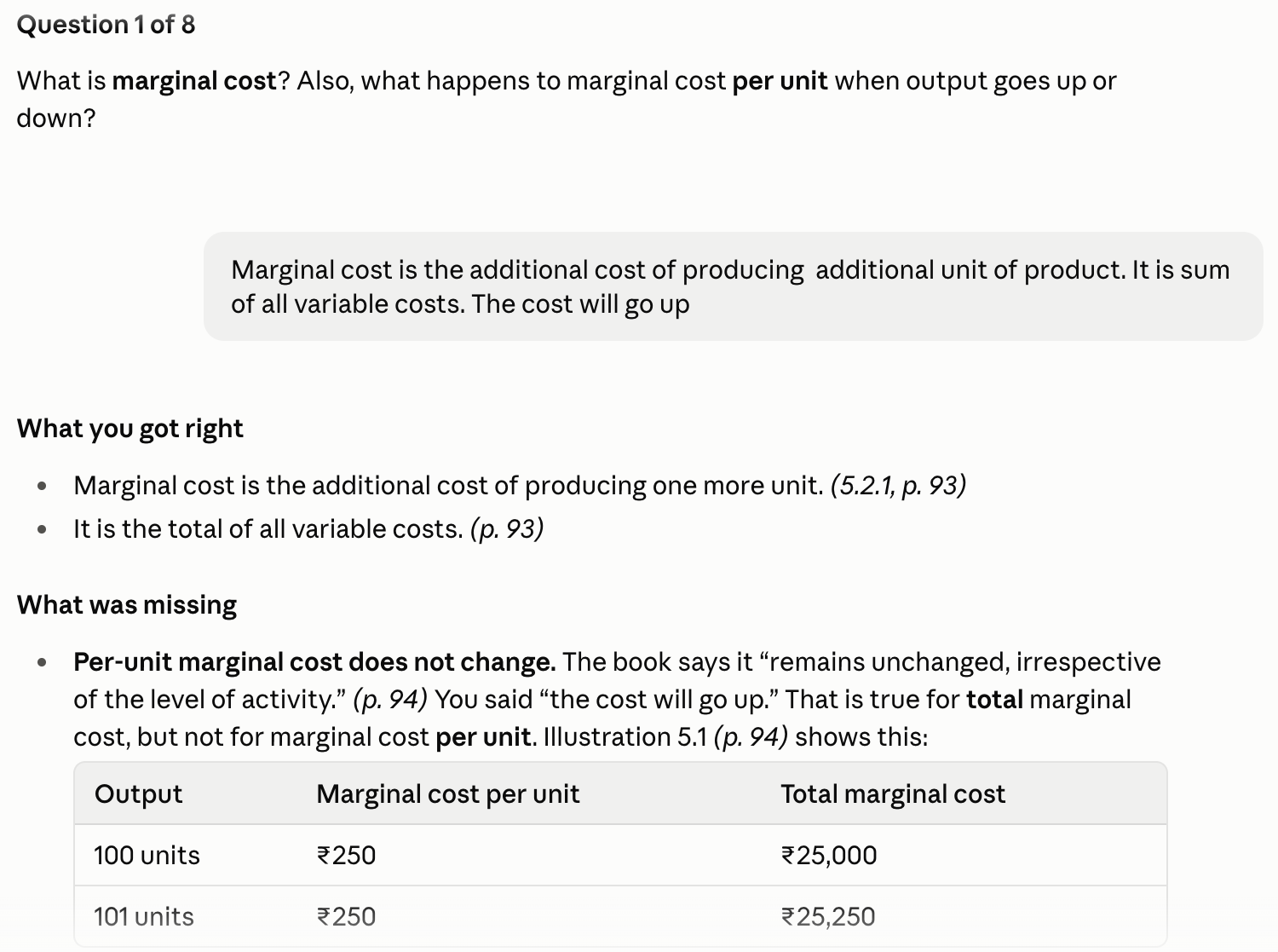 Claude's SHINE question 1 of 8 on marginal cost, the student's half-right answer, and Claude's feedback listing what was right and what was missing, with a table from Illustration 5.1 showing marginal cost per unit staying at ₹250 while the total rises